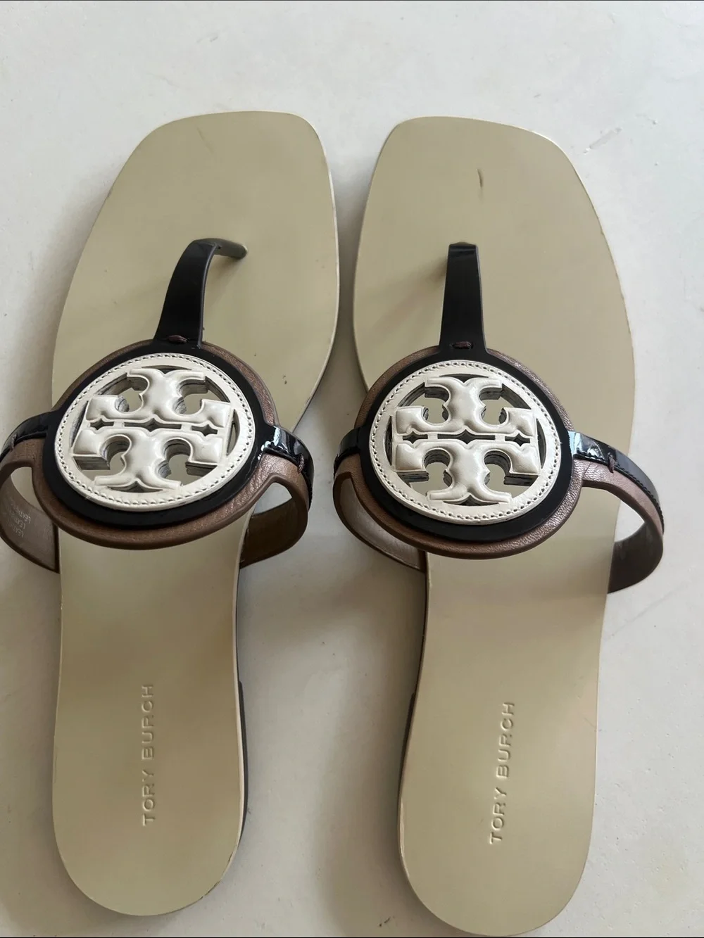 Tory Burch Brown and Cream Logo Thong Sandals
